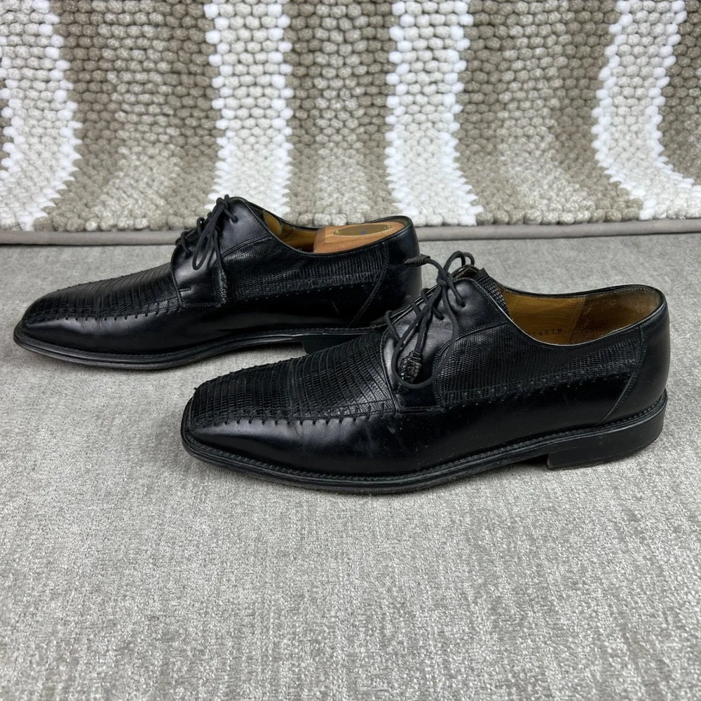 Mezlan Ferrari Black Lizard Skin Leather Square Toe Lace Up Dress Shoes Size 9.5